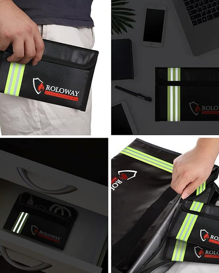 ROLOWAY Small Fireproof Bag (5 x 8 inches) with Reflective Strip, Fireproof Money Bag for Cash, Valuables, Passport, Currency & Keys (2-Pack Black)