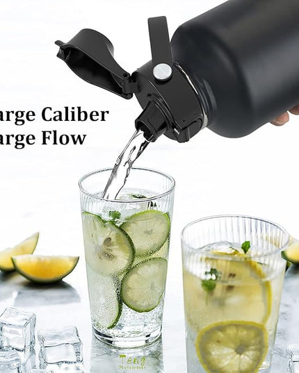 Water Bottle Insulated 32oz 40oz 64oz 128oz Straw Lid Spout Lid & 3 Lids, Leak Proof, Vacuum Insulated,Stainless Steel Water Bottle Wide Mouth for Sports, Gym or Office