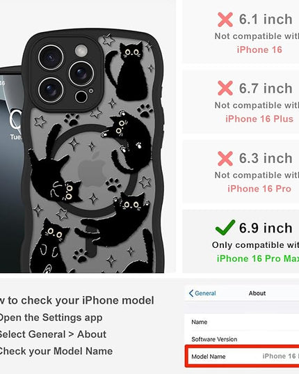 Cute Case for iPhone 16 Pro Max Case [Compatible with MagSafe] with Kawaii Black Cats Cat Print Pattern Design for Women Girls, Soft Wavy Edge Anti-Slip Animal Magnetic Protective Phone Cover