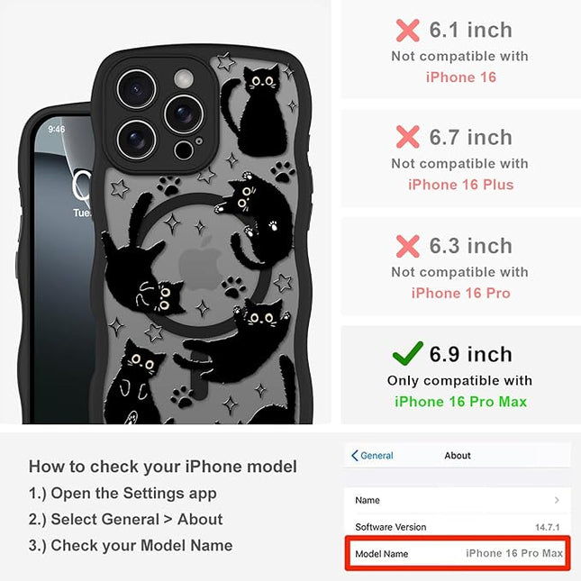 Cute Case for iPhone 16 Pro Max Case [Compatible with MagSafe] with Kawaii Black Cats Cat Print Pattern Design for Women Girls, Soft Wavy Edge Anti-Slip Animal Magnetic Protective Phone Cover