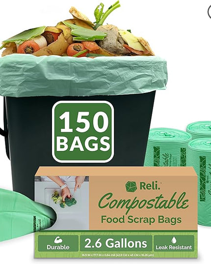 Reli. Compost Bags 2.6 Gallon (150 Count) | ASTM D6400 | Compostable Trash Bags for Food Scraps | Small Composting Liners for Kitchen CompostBin/Countertop Bin | Green, Eco for Food Waste, 2.6 Gal