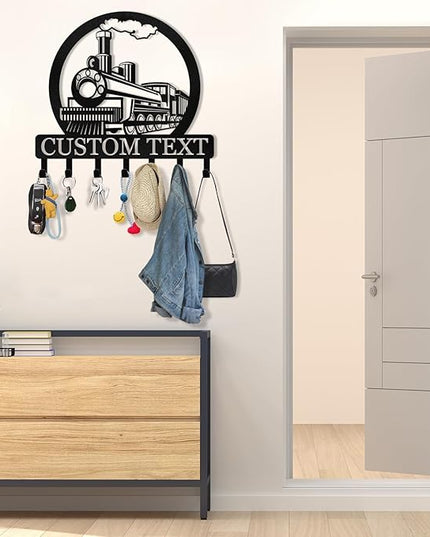 KAINSY Personalized Metal Key Holder for Wall, Custom Name Rack Wall Mount With Hooks, Train Design Hanger, Organizer Wall Decor for Entryway, Front Door, Hallway, Bedroom, Cabin