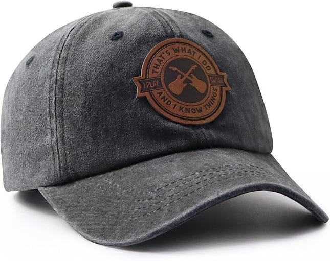 That's What I Do I Play Guitar and I Know Things Hats for Men Women, Adjustable Guitar Decor Leather Patch Baseball Cap