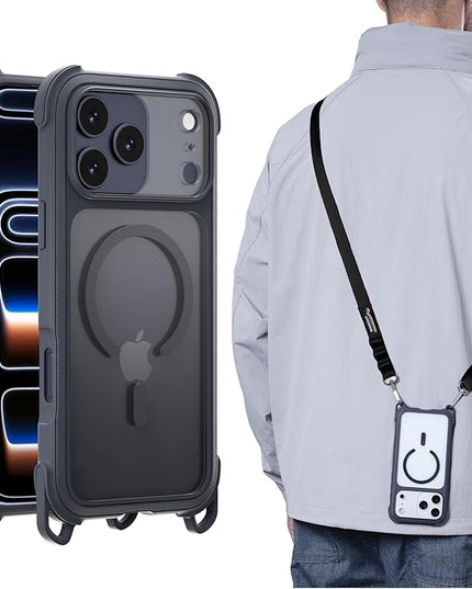 MAGEASY Compatible with iPhone 17 Pro Max 6.9" Case with Strap - 20ft Drop Protection Compatible with MagSafe, Leather Embedded Frame | Odyssey Strap M (Leatherette Midnight)