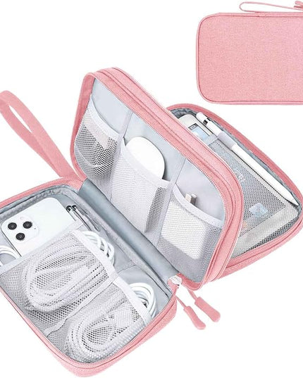 FYY Electronic Organizer, Large Travel Cable Organizer Bag Pouch Electronic Accessories Carry Case Portable Waterproof Double Layers All-in-One Storage Bag for Cable, Cord, Charger, Phone, Pink