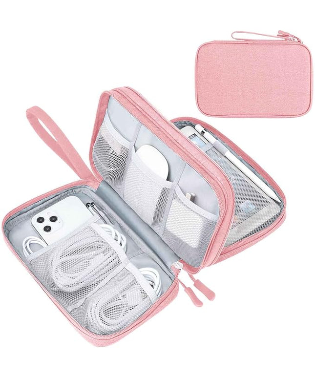 FYY Electronic Organizer, Large Travel Cable Organizer Bag Pouch Electronic Accessories Carry Case Portable Waterproof Double Layers All-in-One Storage Bag for Cable, Cord, Charger, Phone, Pink
