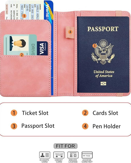 Melsbrinna Premium Leather Passport Holder Covers Case, Waterproof Rfid Blocking Travel Wallet Passport Holder with Pen Holder, Cute Passport Book for Women/Men