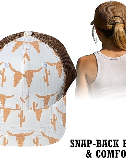 Western Trucker Charcoal Bull Cactus Baseball Cap Outdoor Punchy Mesh Snap Back with Adjustable Fit for Country Wear