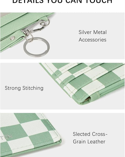 BOSTANTEN Small Wallet For Women RFID Leather Credit Card Holder Slim Wristlet Keychain Wallet With Zipper Pocket, Mint Green Checkered