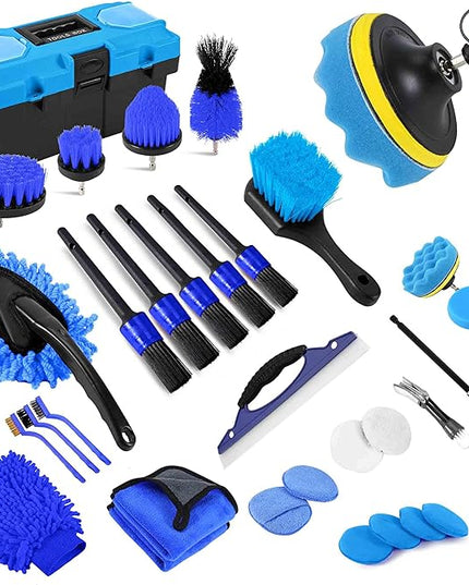 32Pcs Car Detailing Kit, Drill Brush Attachments with Detailing Brush Set and Tools Box, Blue Auto Cleaning Kit Interior for Dashboard, Wheels, Windows (C：32PCS-B)