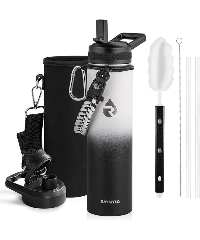 Insulated Water Bottle 24oz, Triple Wall Vacuum Stainless Steel (Cold for 48 Hrs, Hot for 24Hrs), Leak Proof & Non-BPA, 24oz Hydro Water Flask with Paracord Handle & Straw Spout Lids