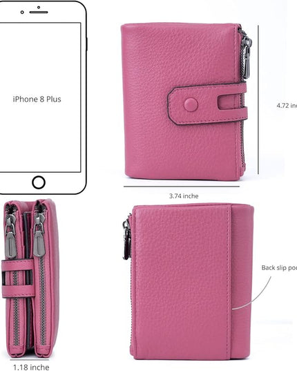 Bveyzi Small Soft Leather Wallet for Women RFID Blocking Ladies Card Holder with Double Zipper Pocket