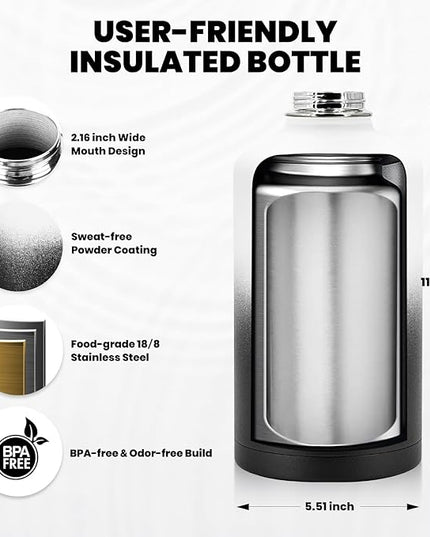One Gallon Water Bottle Insulated, Triple Walled Vacuum Stainless Steel (Cold for 48 Hrs), Leak Proof & Non-BPA, Large Water Flask Jug with Paracord Handle & Straw Spout Lids