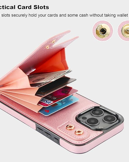 Folosu Compatible with iPhone 16 Pro Max Case Wallet with Card Holder, 360°Rotation Finger Ring Holder Kickstand, RFID Blocking Leather Protective Double Buttons Shockproof Cover 6.9 Inch Rose Gold