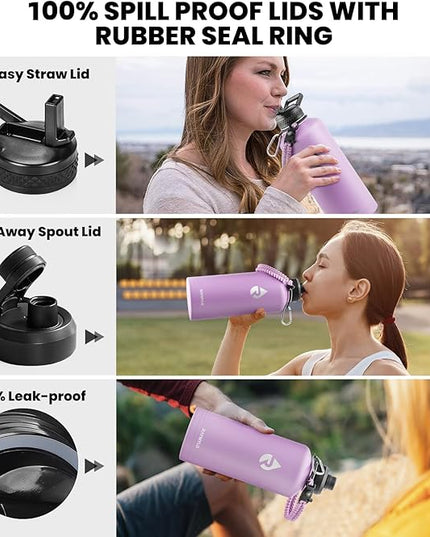 Insulated Water Bottle 87 oz, Triple Wall Vacuum Stainless Steel (Cold for 48 Hrs), Leak Proof & Non-BPA, Modern Water Flask Jug with Paracord Handle & Straw Spout Lids, Lilac