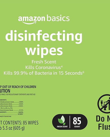 Amazon Basics Disinfecting Wipes, Lemon & Fresh Scent, Sanitizes/Cleans/Disinfects/Deodorizes, 255 Count (2 Packs Lemon, 1 Pack Fresh Scent)