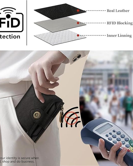MKSSKEN Wallet Women,Rfid Blocking Leather Womens Wallet,Bifold Compact Carteras Para Mujer Card Holder with Removable ID Window(black)