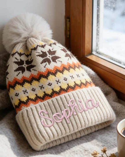 Personalized Beanie for Women Custom Knit with Name, Winter Hat with Pom Pom, Soft Lined Warm Hat, Birthday Gift