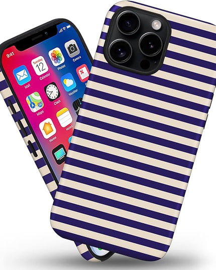 Magnetic for iPhone 16 Pro Max Case Cute Stripes Phone Case, Shockproof Slim TPU and Hard PC Protective Phone Cover Compatible with MagSafe Designed for Women Girls, Blue&Apricot