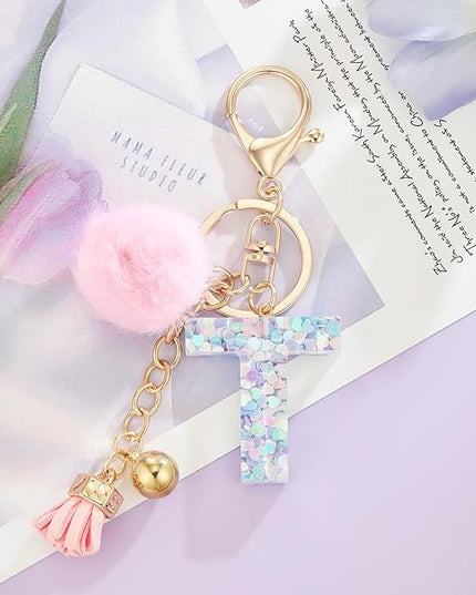 Resin Alphabet Initial Letter Keychain Keyring for Women Purse Handbags With Fur Ball Pom
