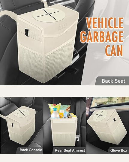 Car Trash Can with Lid, Cute Leakproof Car Trash Garbage Bag Hanging Vehicle Trash Bin Small Portable Automotive Garbage Cans Organizer for Back/Front Seat/Console(2.8 Gallons,Beige