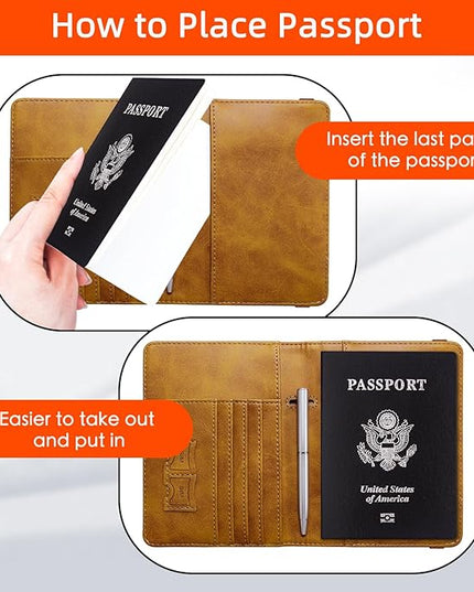 WALNEW Passport Holder for Travel, RFID Passport Cover Wallet for Women Men, PU Leather Passport Book Card Holder Case with Pen, Travelling Essentials for Flying