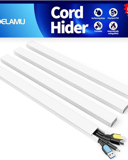 Delamu 56.7in Cord Hider, Wire Covers for 3-4 Cords on Wall, Premium Cable Hider Cord Covers for Wires, Paintable Cable Management Wire Hiders for TV, Cable Cover Raceway Kit, W1.18x H0.6in, White