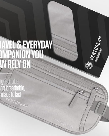 VENTURE 4TH Money Belt for Travel – Hidden Under-Clothes RFID Blocking Passport Holder & Slim Travel Wallet Pouch for Men & Women to Protect Cash, Cards & Documents (Sleek Silver)