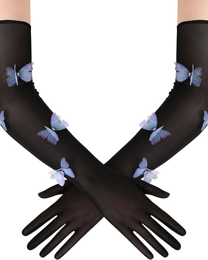 BABEYOND Lace Gloves for Women - Princess Gloves Long Stretchy Butterflies Mesh Tulle Sheer for Costume Tea Party