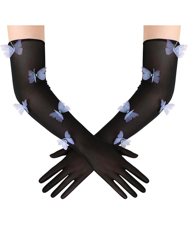 BABEYOND Lace Gloves for Women - Princess Gloves Long Stretchy Butterflies Mesh Tulle Sheer for Costume Tea Party