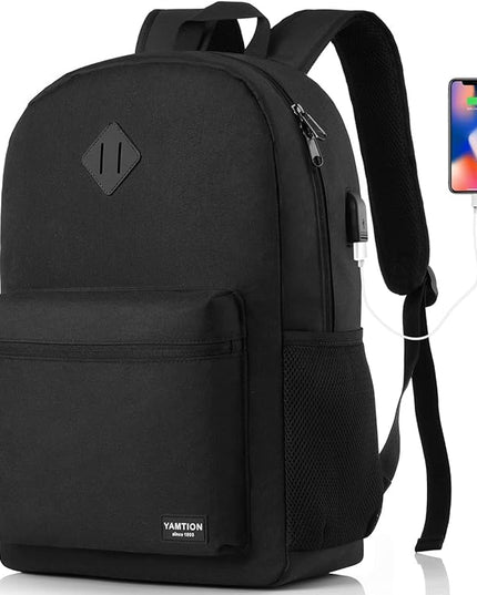 YAMTION Black Backpack for Women Men,Casual School Backpack Teen Boys and Girls 15.6 Inch Laptop Bookbag with USB Charger for College High School Travel Business