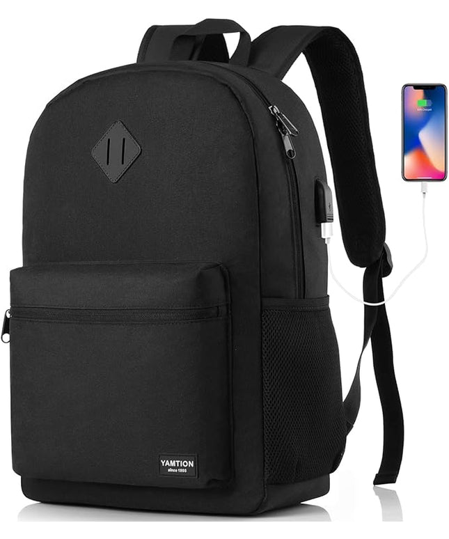 YAMTION Black Backpack for Women Men,Casual School Backpack Teen Boys and Girls 15.6 Inch Laptop Bookbag with USB Charger for College High School Travel Business