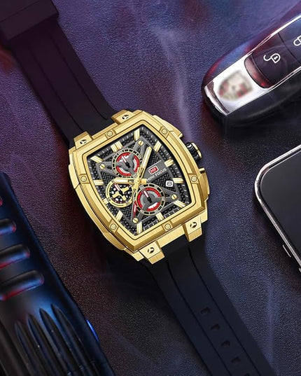 MF MINI FOCUS Men's Watch Analog Fashion Wrist Watch, Skeleton Tonneau Watch for Men with Chronograph,Ideal for Sports Enthusiasts and Daily Wear
