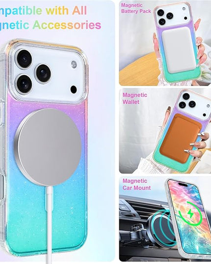 Glitter Case for iPhone 17 Pro Case for Women Girls [ Compatible with Magsafe ] Clear Cute Girly Aesthetic Gradient Rainbow Sparkly Bling Magnetic Phone Cover, Iridescent Colors