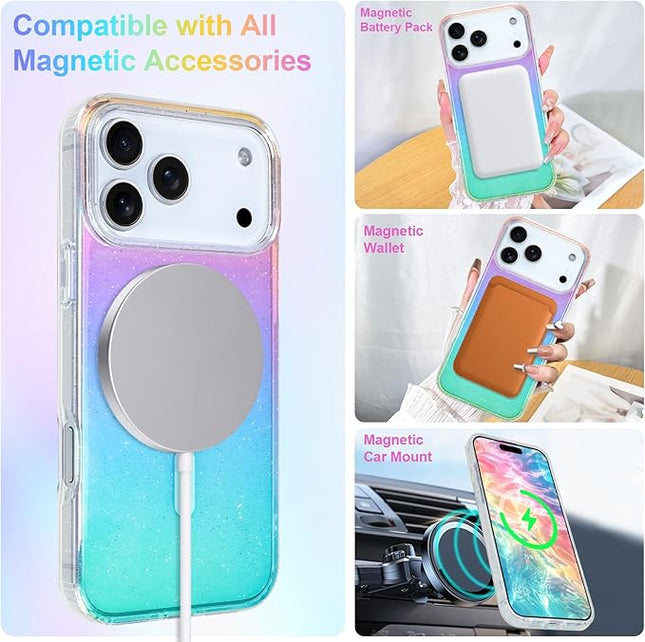 Glitter Case for iPhone 17 Pro Case for Women Girls [ Compatible with Magsafe ] Clear Cute Girly Aesthetic Gradient Rainbow Sparkly Bling Magnetic Phone Cover, Iridescent Colors