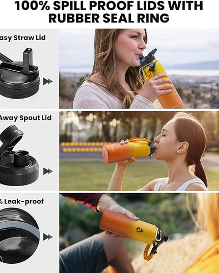 Insulated Water Bottle 40 oz, Triple Wall Vacuum Stainless Steel (Cold for 48 Hrs), Leak Proof & Non-BPA, Modern Water Flask Jug with Paracord Handle & Straw Spout Lids, Ombre Orange