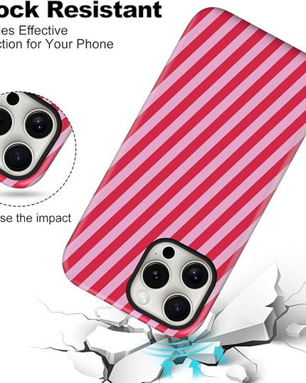 Magnetic for iPhone 15 Case Cute Diagonal Stripes Phone Case, Shockproof Slim TPU and Hard PC Protective Phone Cover Compatible with MagSafe Designed for Women Girls,Red