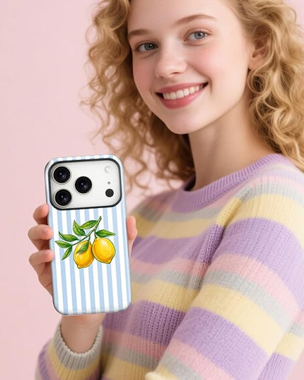 Magnetic for iPhone 17 Pro Case Cute Lemon Stripes Phone Case, Shockproof Slim TPU and Hard PC Protective Phone Cover Compatible with MagSafe Designed for Women Girls, Blue