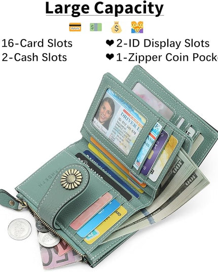 SENDEFN Small Womens Wallet Leather Bifold Card Holder RFID Blocking with Zipper Coin Pocket