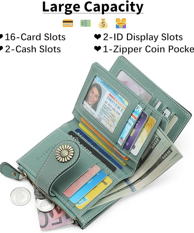 SENDEFN Small Womens Wallet Leather Bifold Card Holder RFID Blocking with Zipper Coin Pocket