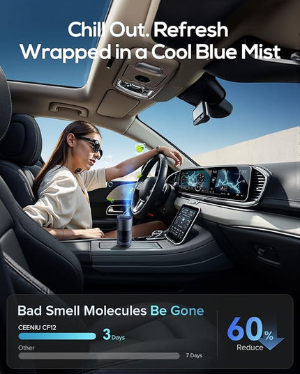 Ceeniu Smart Car Air Freshener, Enlarged Spray Nozzle, Advanced Ultrasonic Diffuser CF12 Pro, Auto On/Off, Adjustable Mode, 60-Day Powerful Battery, Ambient Light, Luxury Cologne Scent, Lasts 4 Months