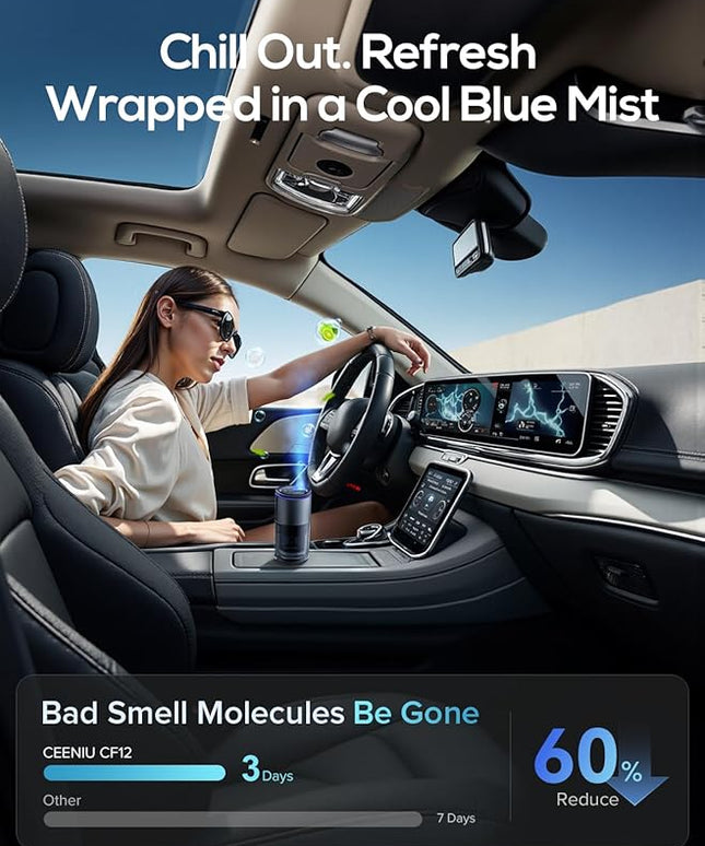 Ceeniu Smart Car Air Freshener, Enlarged Spray Nozzle, Advanced Ultrasonic Diffuser CF12 Pro, Auto On/Off, Adjustable Mode, 60-Day Powerful Battery, Ambient Light, Luxury Cologne Scent, Lasts 4 Months