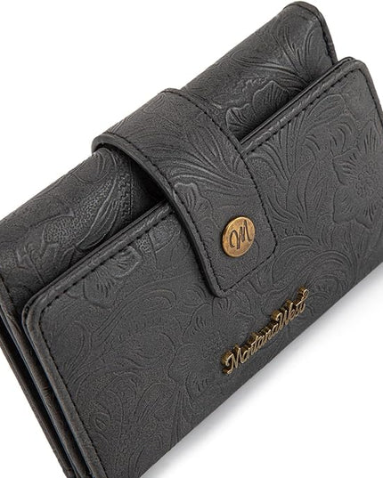 Montana West Small Black Wallet for Women Western Embossed Floral Wallet Trifold Credit Card Cash Wallets Ladies Female Travel Clutch Wallets with ID Window