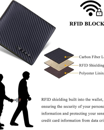 VISOUL Leather Mens Bifold RFID Blocking Wallet with 2 ID Windows, Leather Wallet for Men (Carbon Fiber, Black+Green)
