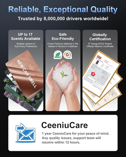 Ceeniu Smart Car Air Fresheners, New Smell Experience by Ultrasonic Mist, Auto On/Off, Powerful Built-in Battery, Natural Fragrance, Adjustable Car freshener, Cologne Scent