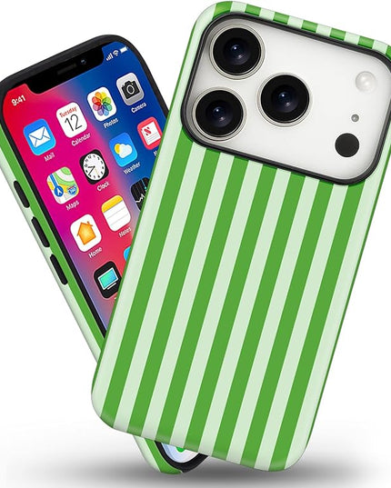 Magnetic for iPhone 17 Pro Case Cute Stripes Phone Case, Shockproof Slim TPU and Hard PC Protective Phone Cover Compatible with MagSafe Designed for Women Girls, Deep Green