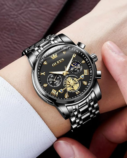 OLEVS Mens Watches Chronograph Watch Luxury Dress Stainless Steel Waterproof Watches for Men Moon Phase Luminous Business Calendar Wrist Watch Blue/Black/Green/Gold/Face