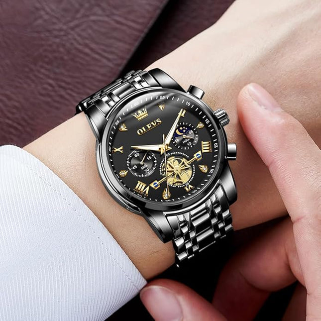 OLEVS Mens Watches Chronograph Watch Luxury Dress Stainless Steel Waterproof Watches for Men Moon Phase Luminous Business Calendar Wrist Watch Blue/Black/Green/Gold/Face