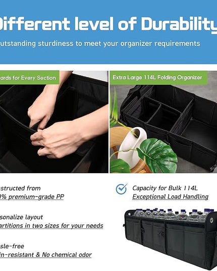 1680D Trunk Organizer with Lid, 114L for SUVs & Trucks, Load-Supporting Rigid PP Panels, Reinforced 800D×800D Weave, Water-Resistant