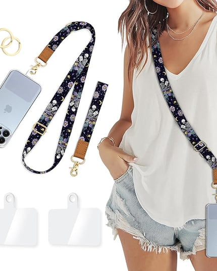 Phone Lanyard Crossbody Strap, Skeleton Flower Cell Phone Lanyards for Around the Neck Wristlet Shoulder, Funny Skull Gothic Wrist Strap Adjustable Accessories Travel Essentials